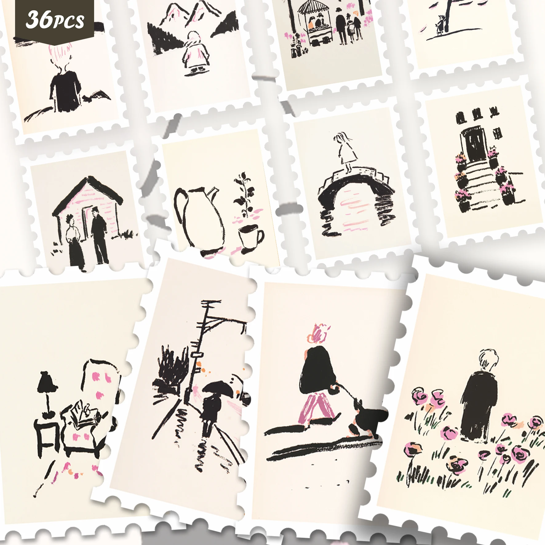 36PCS Warm Casual Scene Sticker Set for laptops, Hand Drawn Life & Animal Designs, Great for Planner Decor & Collage Art