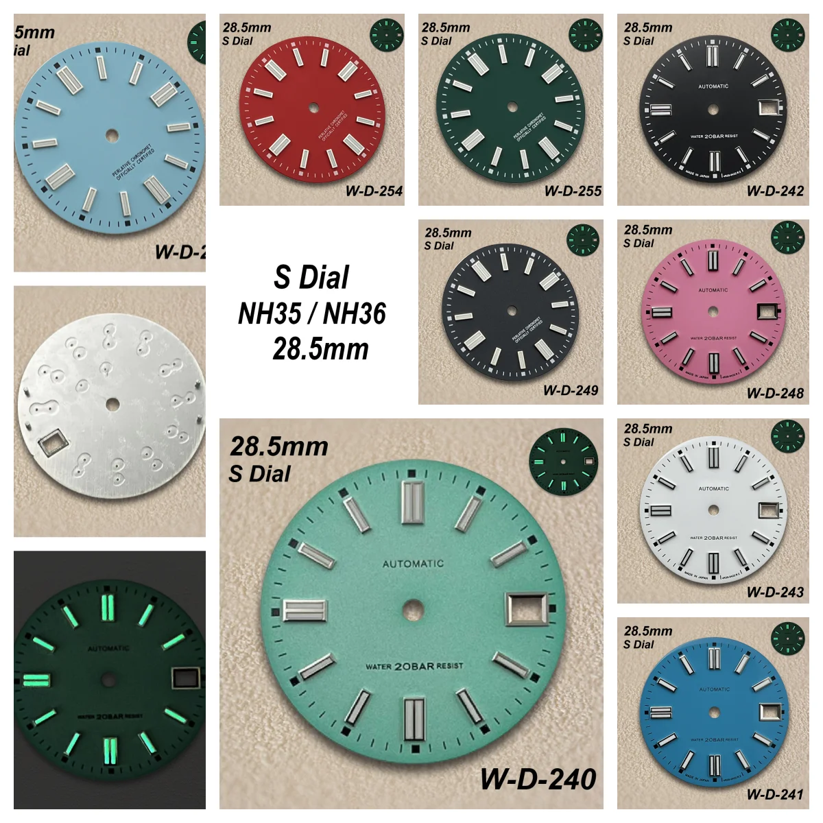28.5mm Matte S Dial Fit NH35/NH36/4R/7S Automatic Movement Green Luminous High-Quality Watch Modification Accessories