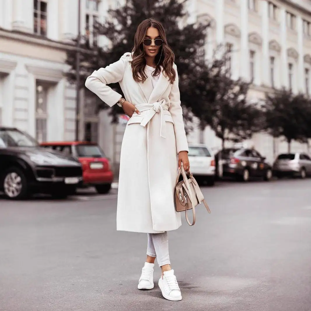 秋冬レディースカジュアルロングスリーブVネックベルト付きウールコート無地クロスボーダーファッションレディース新作