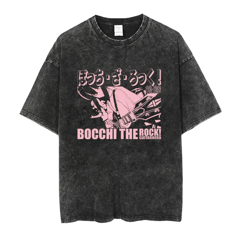 Men T-Shirt Bocchi The Rock Manga Ryo Top Print Vintage T-Shirt Casual Basis O-Collar Black Shirt Short Sleeve Washed T-Shirt