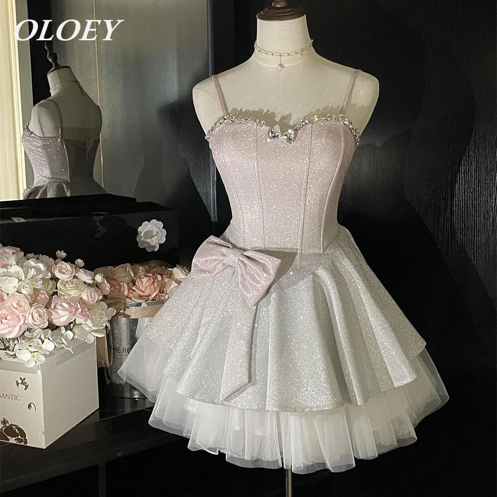 OLOEY moderno rosa plata marfil Puffy corto vestido de cóctel de graduación tirantes espagueti brillo boda vestido de fiesta de cumpleaños personalizado