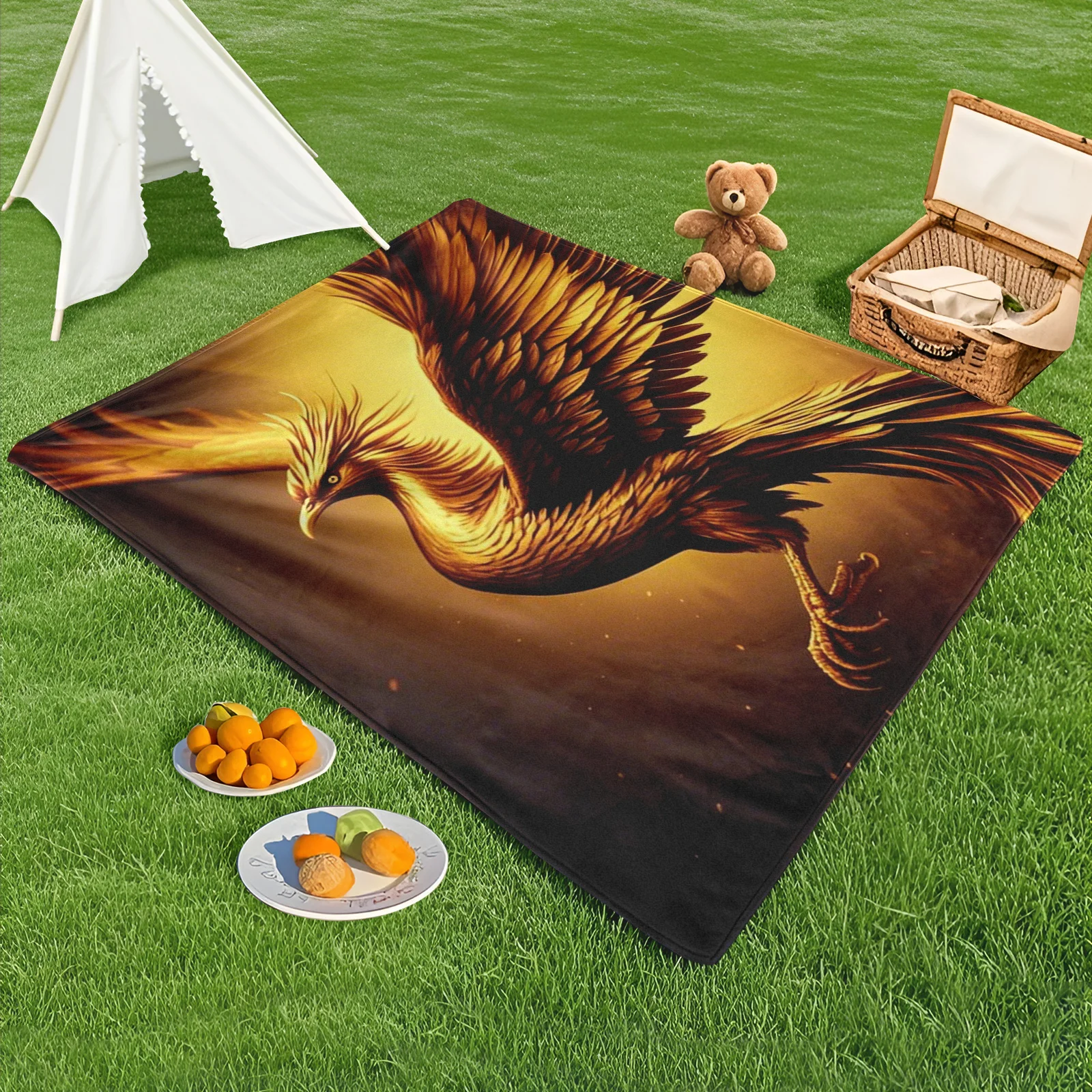 

Mythical Phoenix Blanket In Radiant Gold Tones For A Majestic And Enchanting Outdoor Adventure Experience