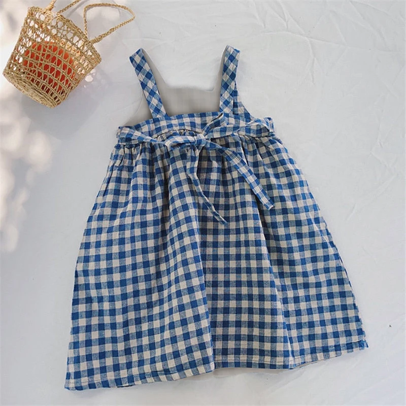 Girls Korean Blue Plaid Dress Summer New Cotton And Linen Children\'s Cute Bow Tie Sleeveless Halter Suspenders Dresses