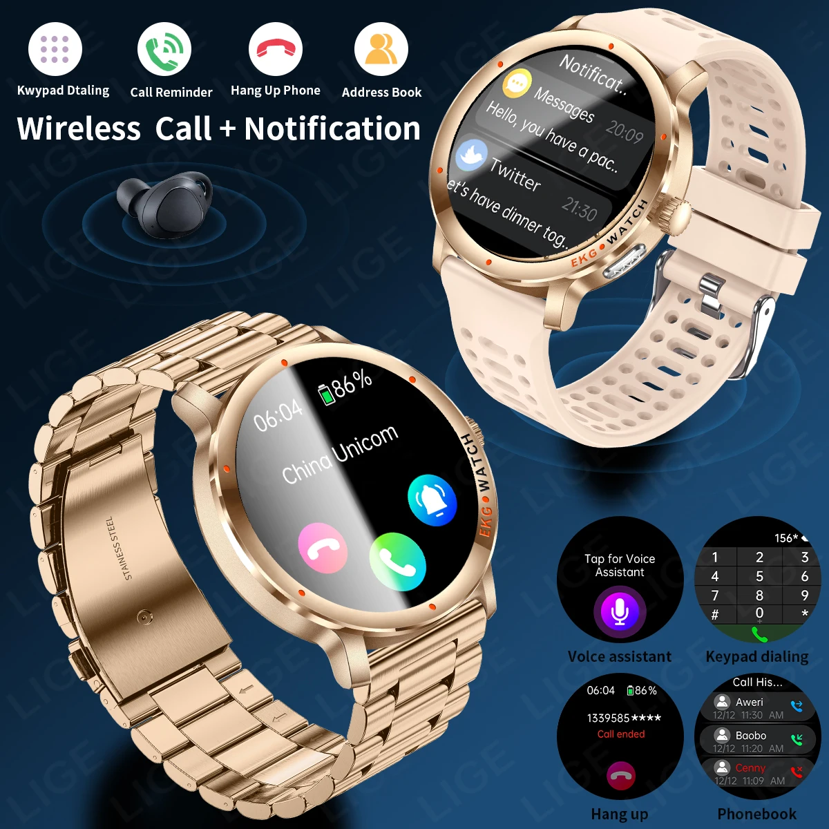 LIGE New Nursing Grade ECG+PPG Smart Watch Health Analysis Blood Pressure Uric Acid Wireless Calling AMOLED Smartwatch Men Women