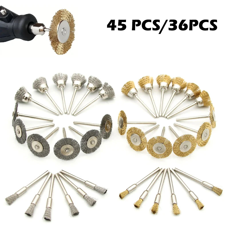 45PCS/36PCS Brass Brush Steel Wire Wheels Brushes Drill Rotary Tools Polishing Dremel Rotary Tools Metal Rust Removal Brush Set