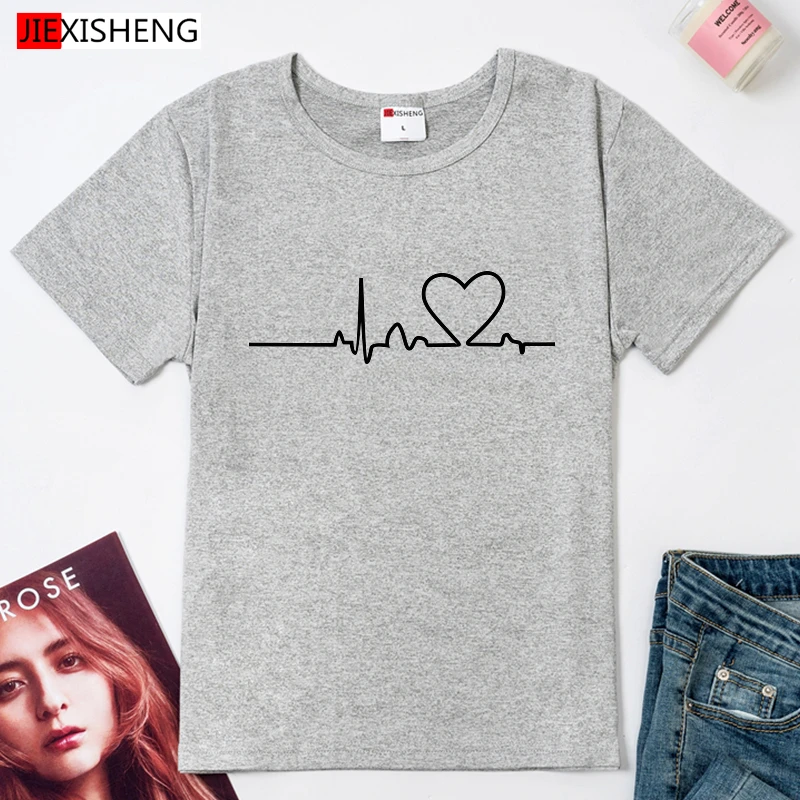 Women\'s Love Heart Print T-Shirt, Plus Size, Electrocardiogram, Funny Woman Tee Tops, Casual Female T-shirts, Summer