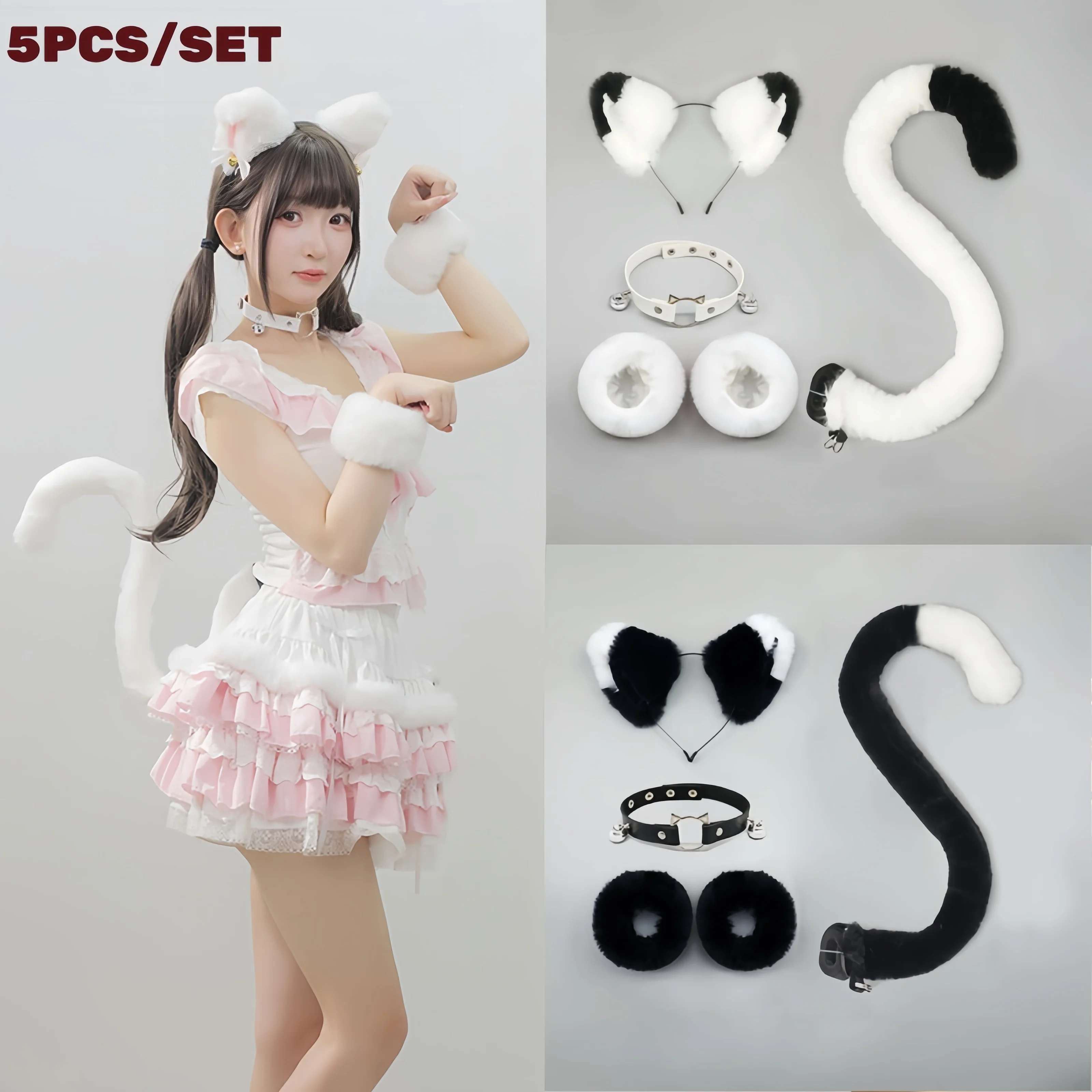 New Handmade Convention Maid Cat Girl Ears Headband Fluffy Wristband Neck Ring Accessory JK Full Cat Tail Set Cosplay Props