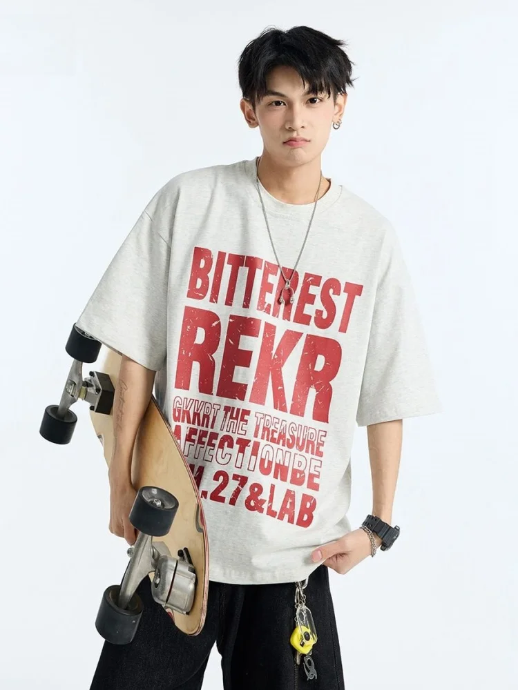 

Футболка Heavyweight с круглым вырезом и коротким рукавом, 250 г, с буквенным принтом, универсальная, летняя, в американском стиле High Street, дизайнерская новинка