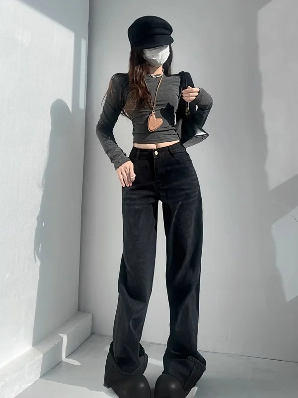 Jeans vintage a gamba larga pesante Du Pantaloni lunghi color orecchio abbastanza Pantaloni lunghi con orlo con risvolto Versatile colore profondo e chiaro Vita l