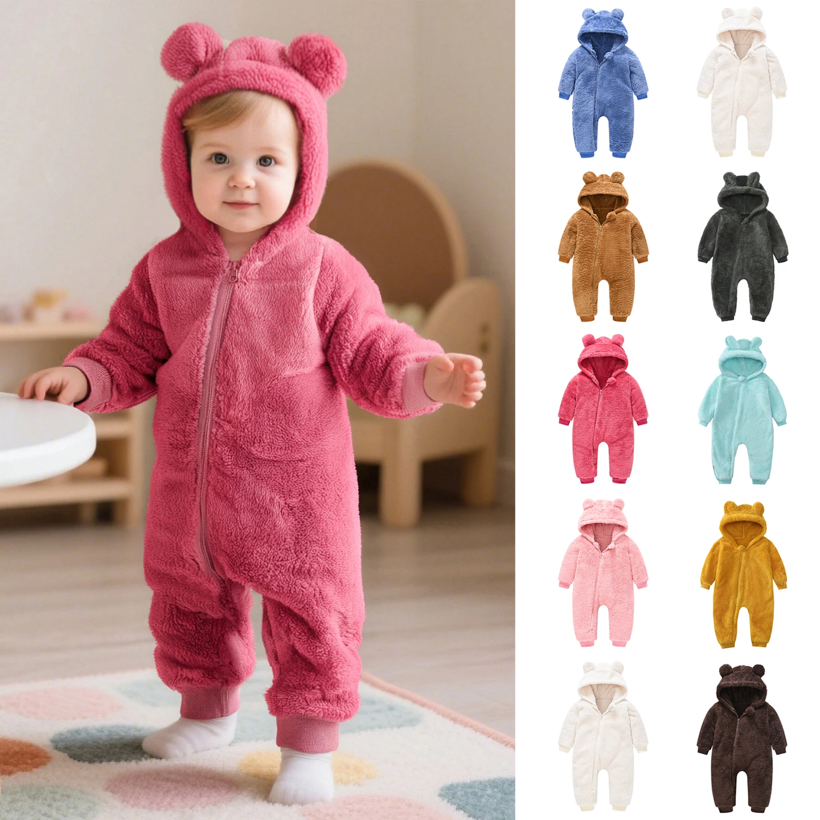 

Winter Children's Plush One Piece Zipper Jumpsuit with Hooded Outdoor Thicken Warm Romper Soft and Comforatbel Clothes