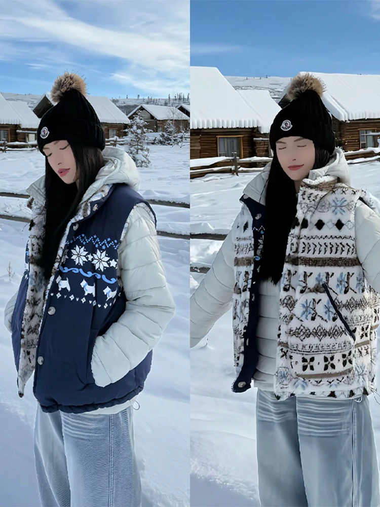 

American Sle Fair Isle Knit Double Sided Wear Cotton Vest Winter Lazy Sle Fce Svel Jaet Youth Trendy Zipper Cl...