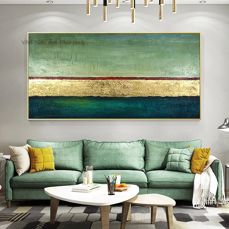 Handpainted Metallic Golden Strip Horizon Abstract Oil Painting Horizontal Canvas Picture for Farmhouse Entryway Calm Wall Decor