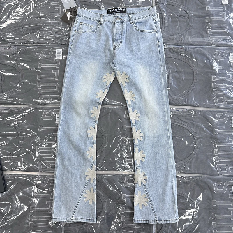 

American High Street Original High Quali Heavy Embroidery Pattern Simple Faion Men's Slim Jeans Casual Long Pants Trendy