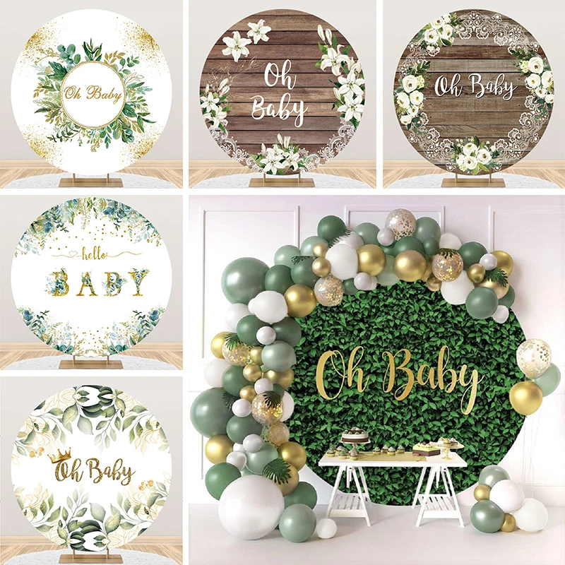 

Oh Baby Round Backdrop Baby Shower Party Decorations Green Grass Eucalyptus leaves Lily Flowers Wooden Board Circle Background