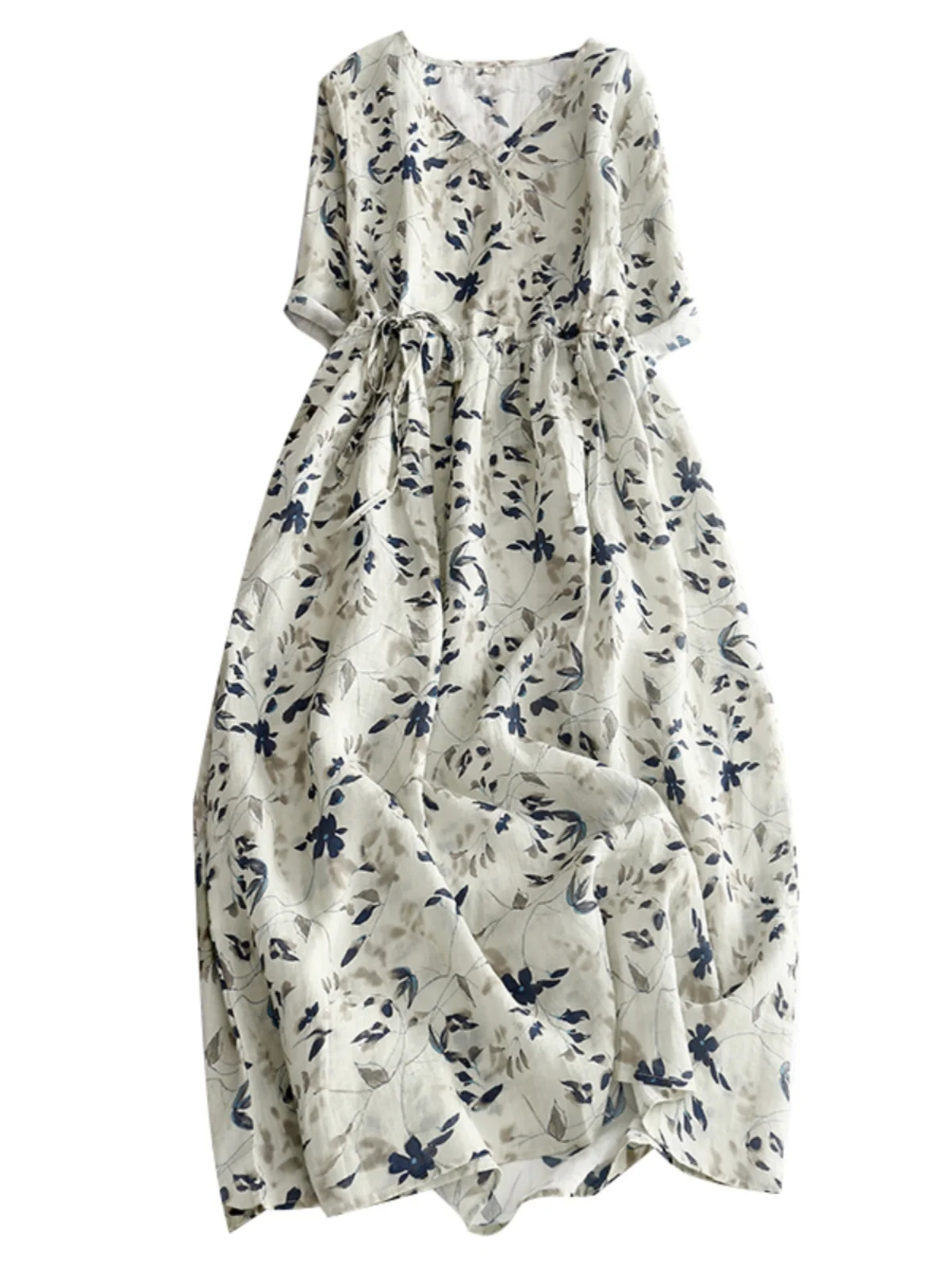 فستان صيفي جديد بتصميم فني من الكتان، فضفاض وذو طابع شخصي، برقبة على شكل V وحزام خصر، تنورة طويلة على شكل حرف A #5