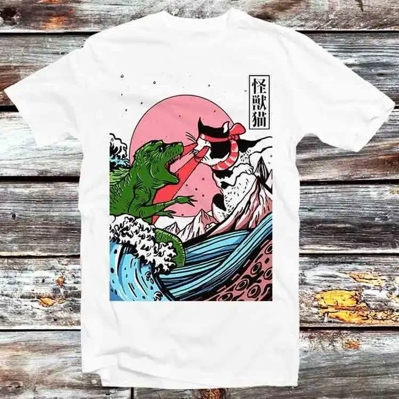 

Horror Dinosaur Cat The Great Wave Off Kanagawa Catzilla Hokusai Sea Ocean T Shirt Mens Womens Unisex Cartoon Anime Top Tee B445