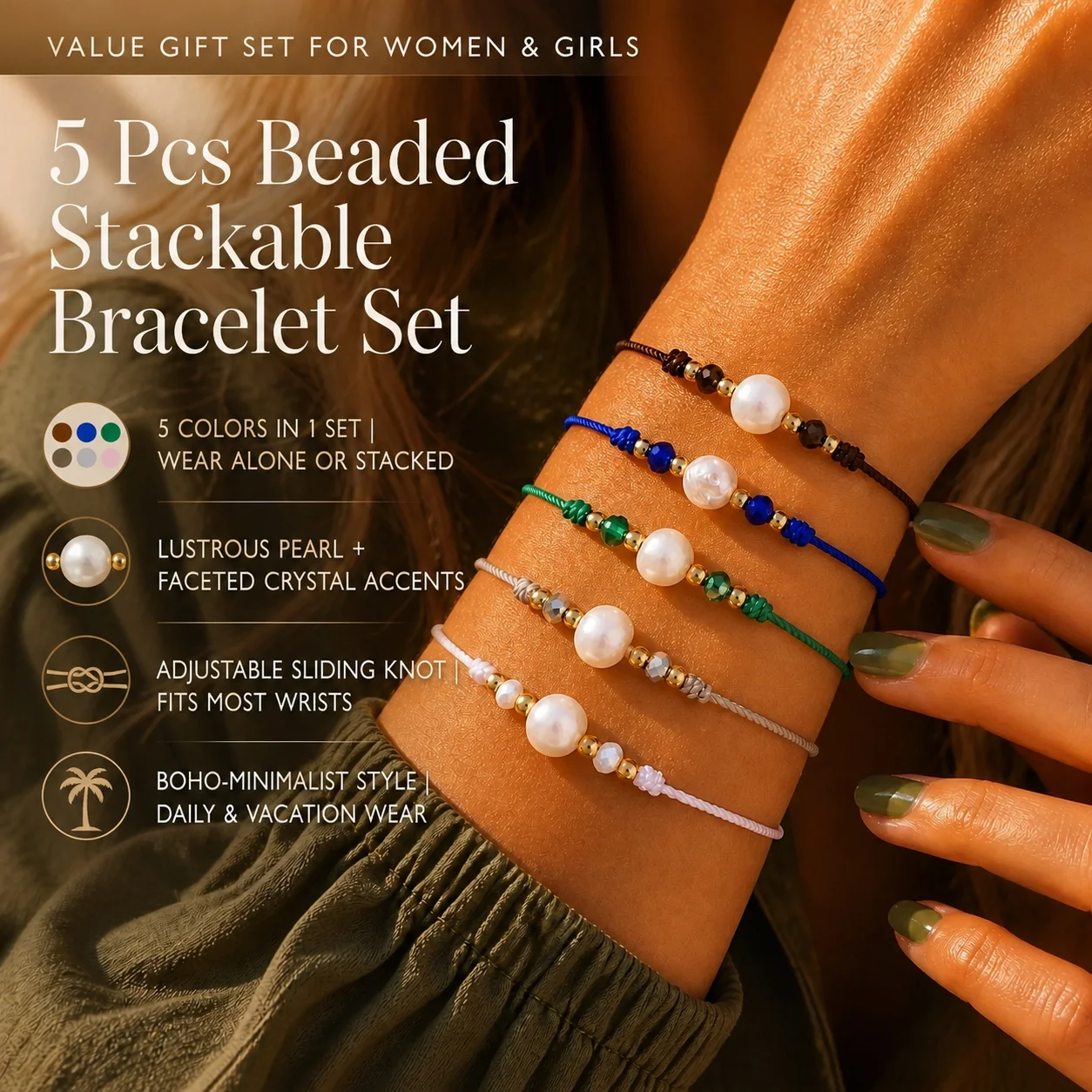 5pcs Bohemian Multicolor Round Crystal Bead Strand Bracelets with Center Pearl and Lace-Up Closure for Women Beach Style