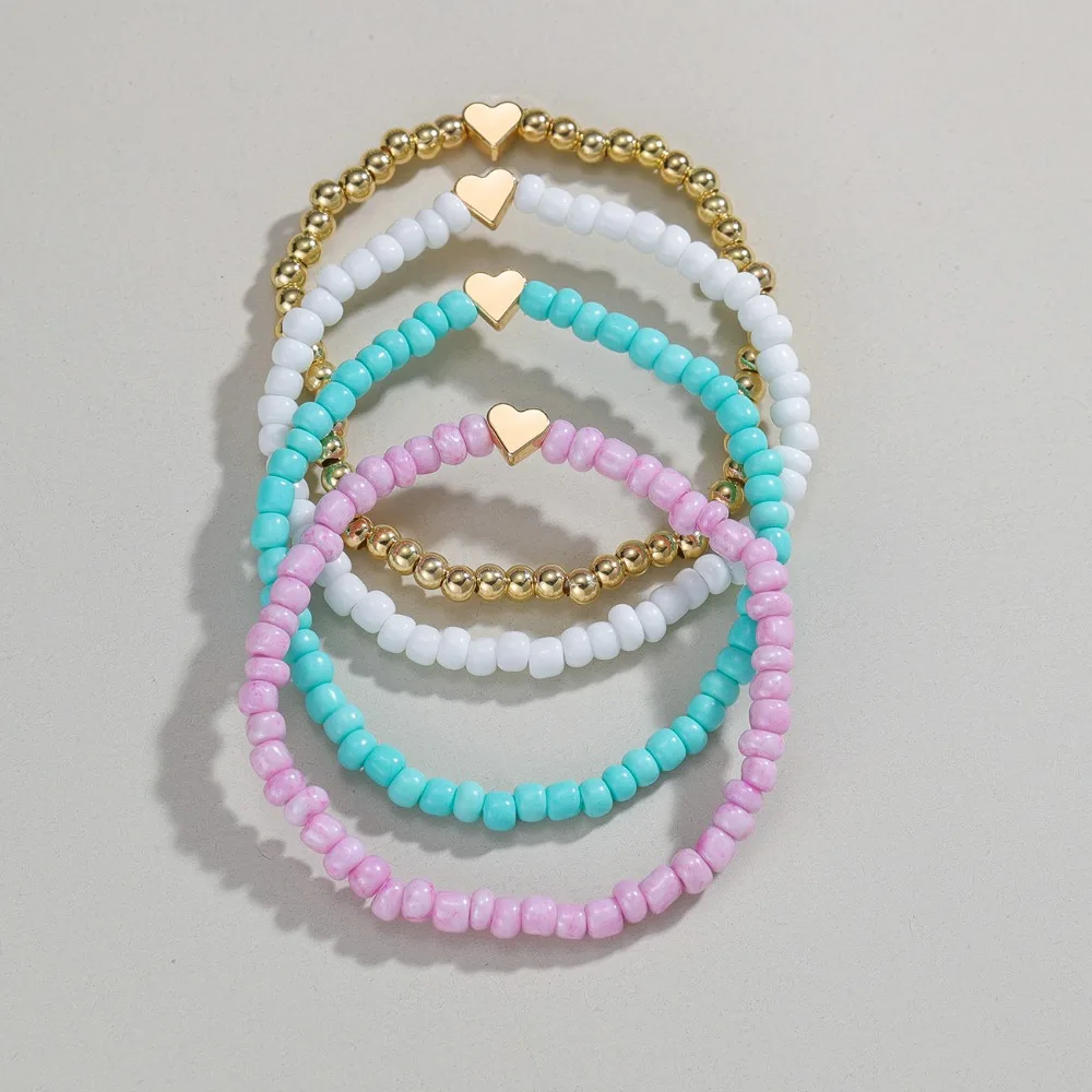 4pcs Set Sweet Simple Colored Mini Seed Bead Gold Color Heart Charm Elastic Stack Bracelets for Women Summer Party Jewelry Sets