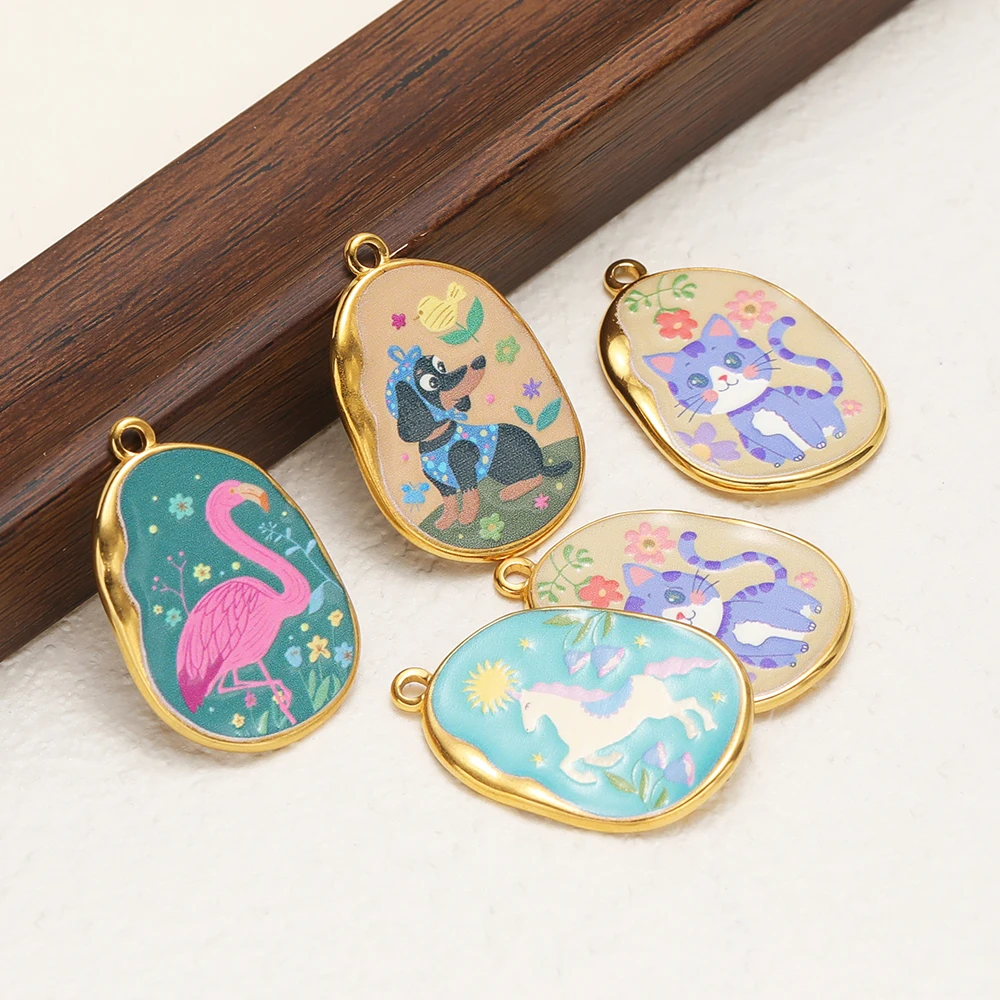 4 Stück Edelstahl-Emaille-Anhänger mit niedlichen Hunden und Katzen, Flamingo-Anhänger, DIY-Schmuckzubehör für Kinder, Halsketten und Ohrringe für Mädchen. – Detail 5