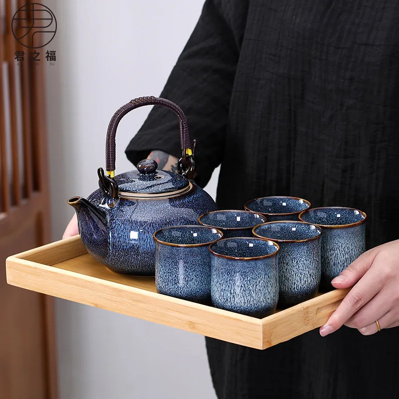 Black glaze large capacity tea set with filter Japanese ceramic beam teapot teacups set of household gifts high-grade