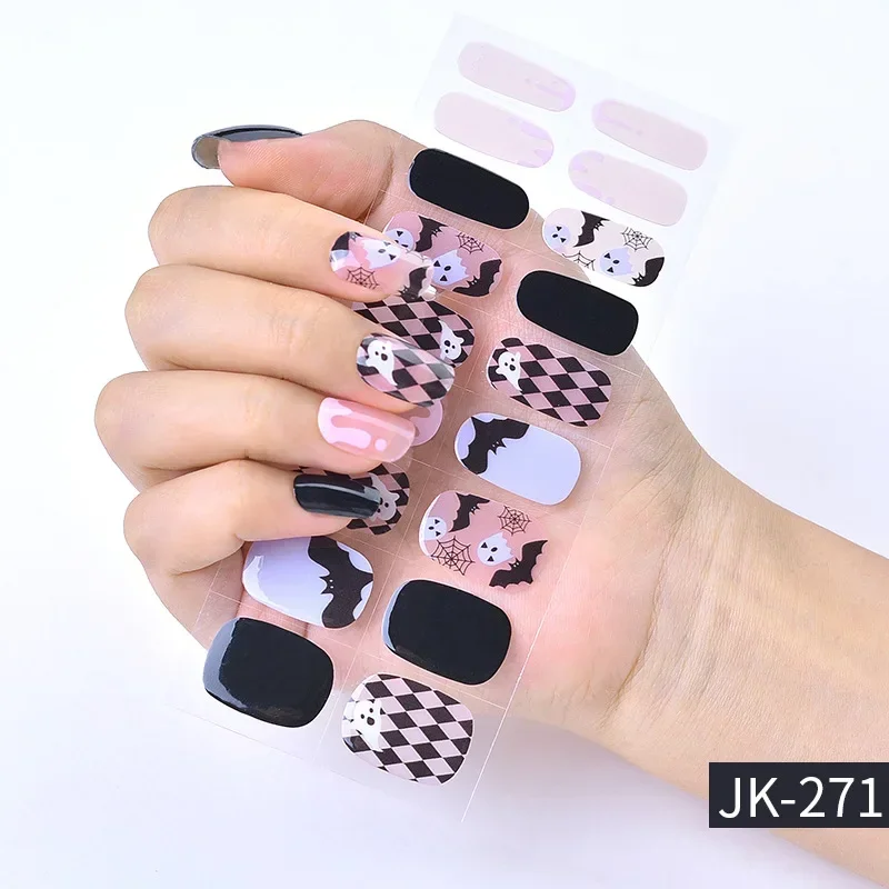 24 Tips Per Doos Uv Semi-Uitgeharde Gel Nagelsticker Halloween Nail Wraps Glitter Folie Volledige Cover Nagelstrips Kerstdag Manicure