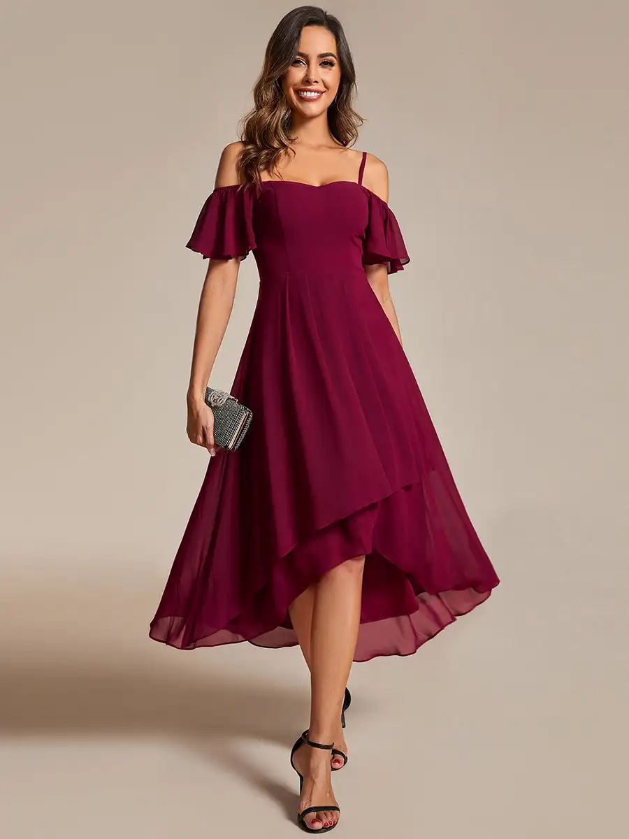 Elegant Evening Dresses Spaghetti Strap Cold Shoulder 2024 Ever pretty of Chiffon A-Line Burgundy Midi Wedding Guest Dress