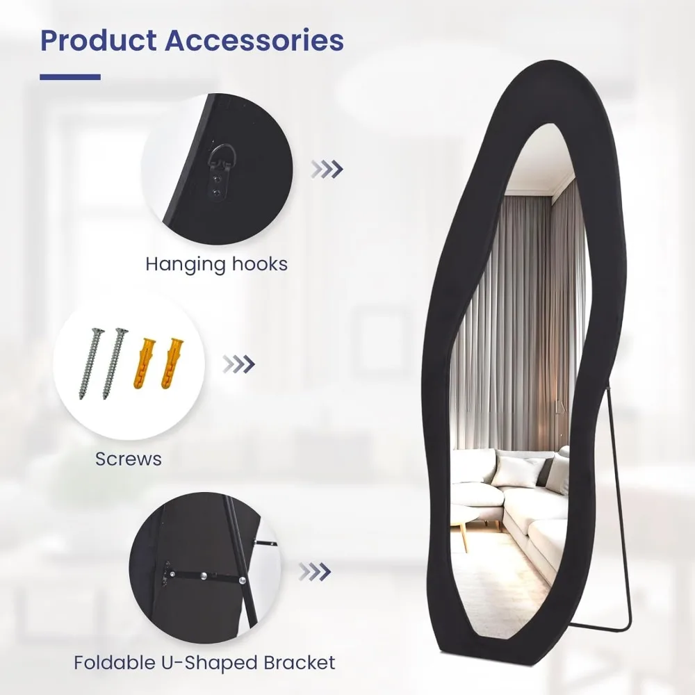 مرآة أرضية مائلة مثبتة على الحائط مقاس 63 × 24 - حامل مؤطر من الفلانيل الأسود بطول كامل لآثار الجسم بالكامل