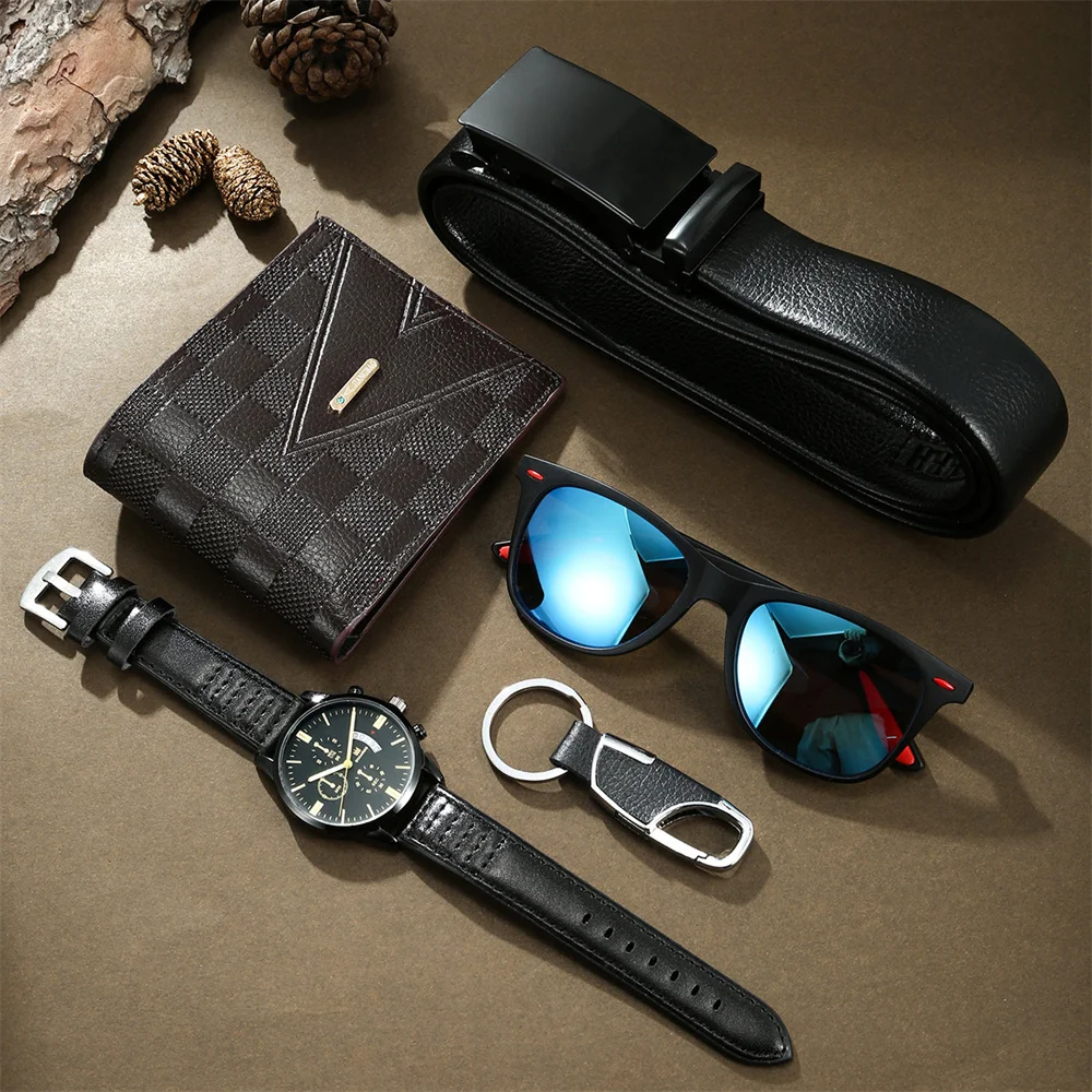 2024 New Mens Quartz Watch Belt and Wallet Gift Set with Keychain Sunglasses Men Gift Box Set for Boyfriend Dad Husband Birthday