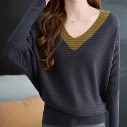 Suéteres de manga de murciélago para mujer, empalmado ropa informal con cuello en V, suéteres de punto sueltos coreanos de Color sólido, primavera y otoño