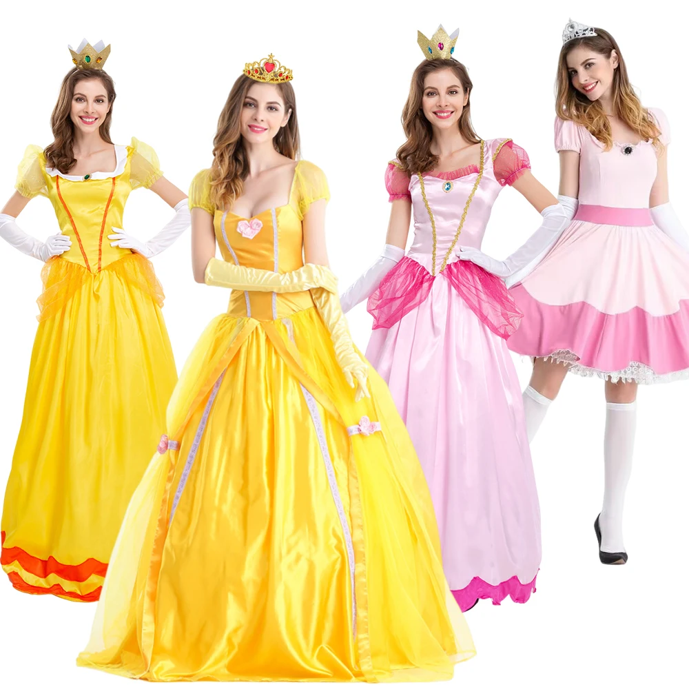 

Peach Princess Costume For Women Fancy Halloween Party Cosplay Belle Princess Dress Mother Kids Birthday Dress Up Carnival Party