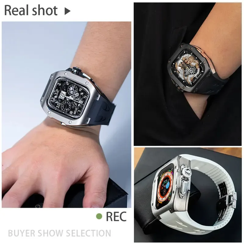 حافظة Cool Soul Titanium لساعة Apple Ultra 3/2 مقاس 49 ملم، مجموعة تعديل Mille Mod iWatch، شريط مطاطي فلورين فاخر