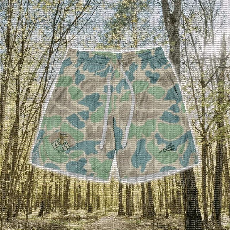 Wild Hunting Theme Camouflage Basketball Shorts Green Card with Retro Color Loose Drawstring Trendy Sports Shorts