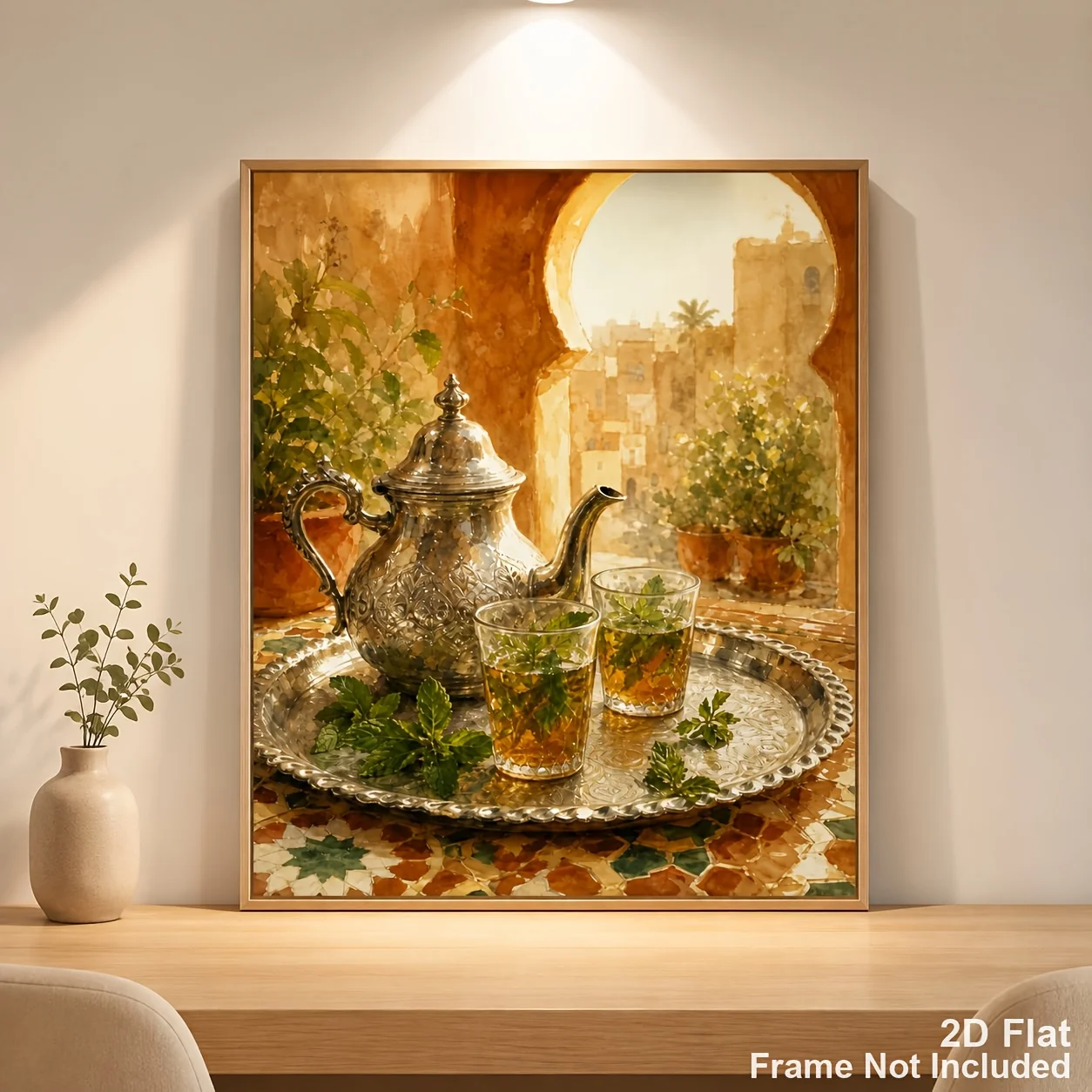 2D Flat, Moroccan Mint Tea Set Wall Art - Terracotta Teapot & Mint Suitable for Kitchen, Dining Room Decor, Mediterranean Hou