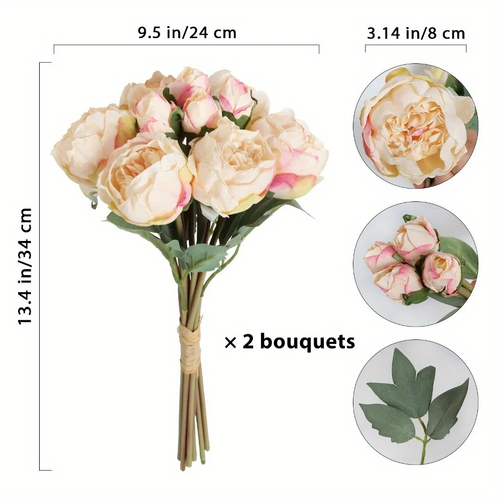 2 Bouquets Peonies Artificial Flowers Vintage Fake Silk Peonies with Single Stem Faux Peonies for Wedding Centerpieces for Table