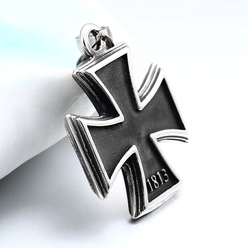 Mens Stainless Steel 1813 1939 WW2 German Iron Cross Pendant Necklace Men