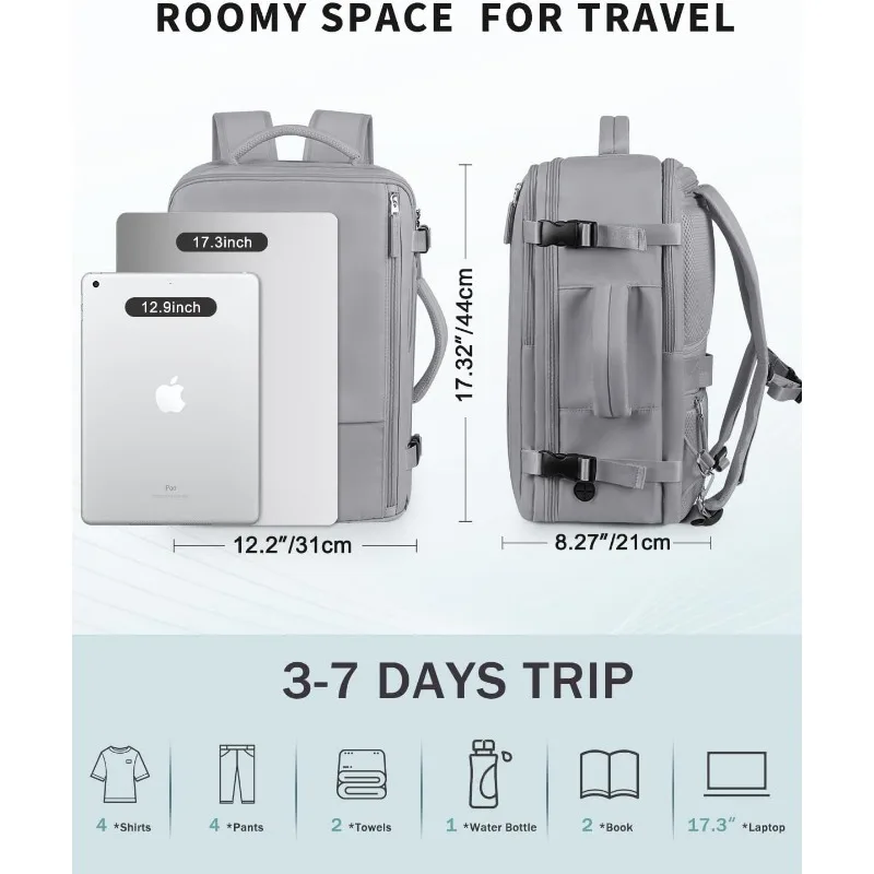 กระเป๋าเป้สะพายหลังสําหรับเดินทาง, กระเป๋าเป้สะพายหลังพกพาขนาด 40 ลิตรที่ขยายได้, อนุมัติการบินกันน้ํา, กระเป๋าหนังสือลําลองสําหรับพยาบาล, สีเทา