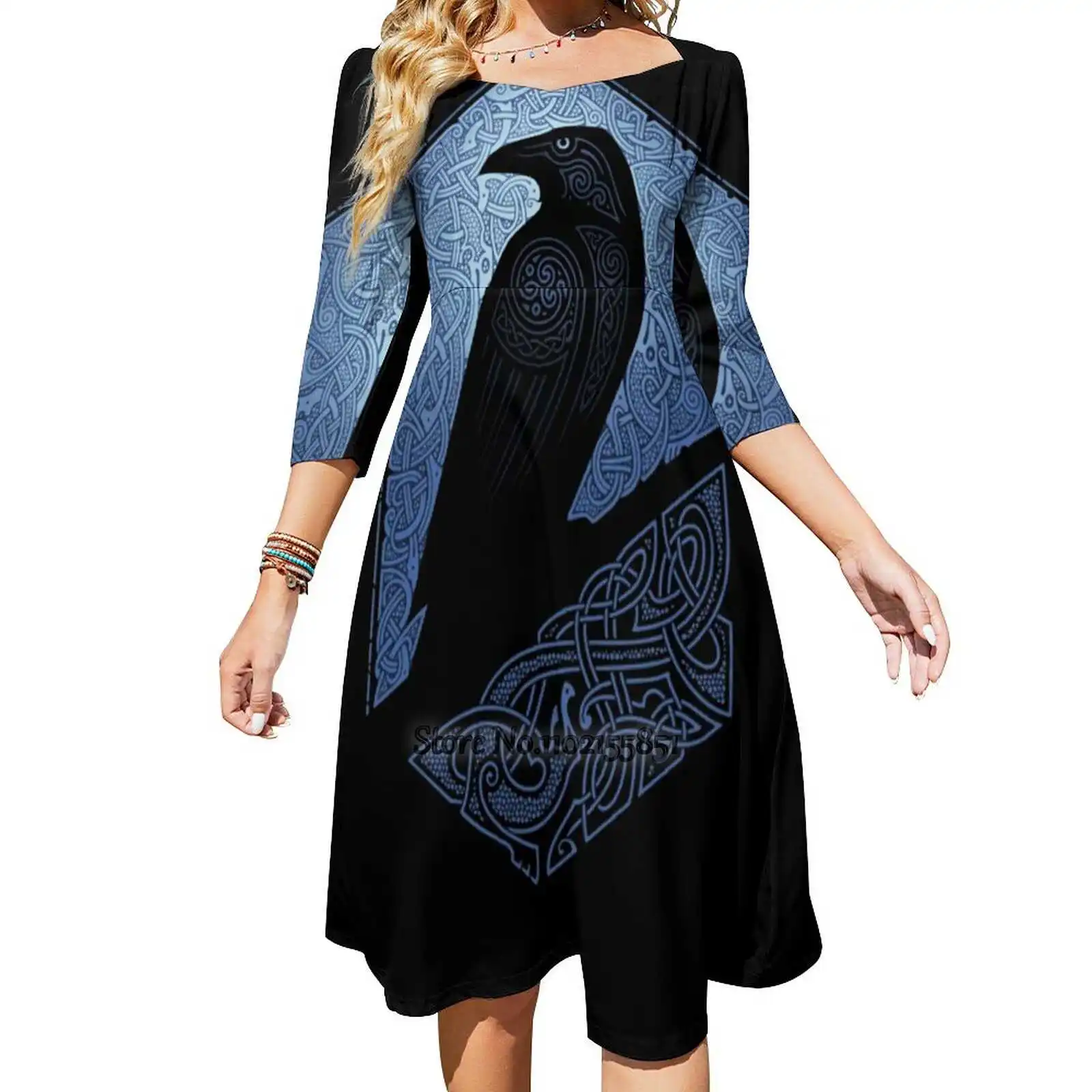 Guardian Back Lacing Backless Dress Square Neck Dress Sweetheart Knot Flared Dress Raidho Crow Blue Shadow Silhouette