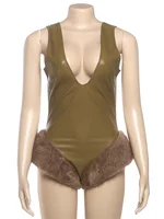 Kliou Faux Leather Skinny Bodysuits Woman Low-Neck Backless Sleeveless Furry Patchwork Hem Hot Girls High Street Style Bodycon - Image 6