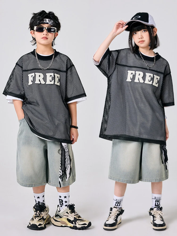 Crianças jazz dança terno solto hip hop dança streetwear manga curta dobrar através topos jeans dança de rua desempenho wear dn20353