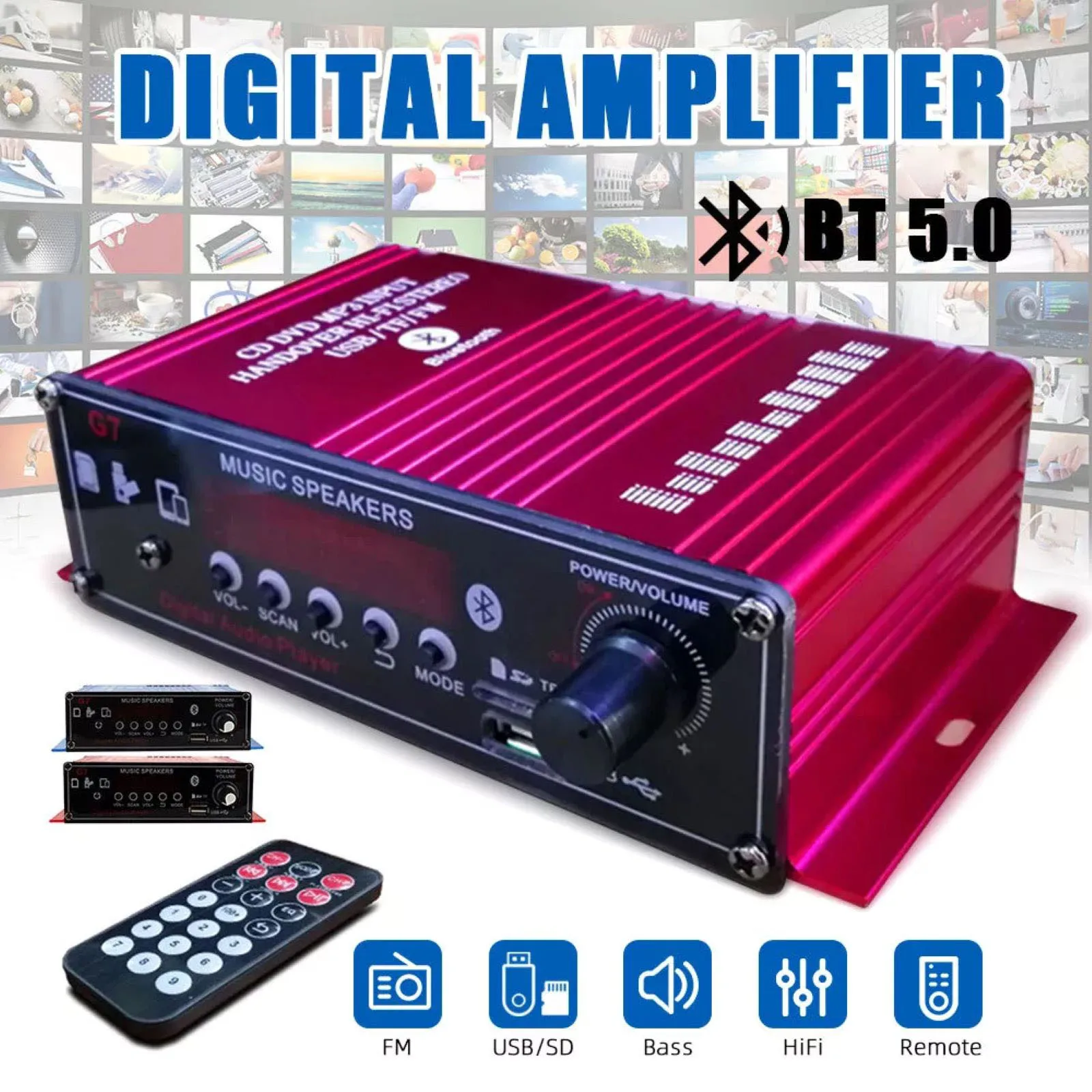 G7 Car Bluetooth 5.0 Amplifier 2CH 20W×2 FM Radio USB/TF Karaoke Dual Mic Inputs with Remote Control for Auto Home