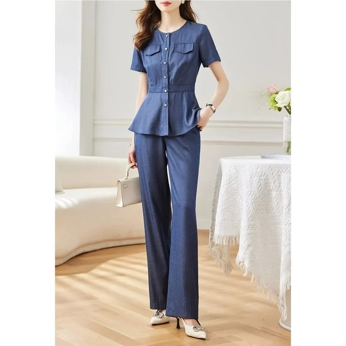 Summer New Temperament Jeans Sets Women Fashion Short Sleeve Cardigan Denim Shirts + Straight Pants 2-piece Suit Women Outfits