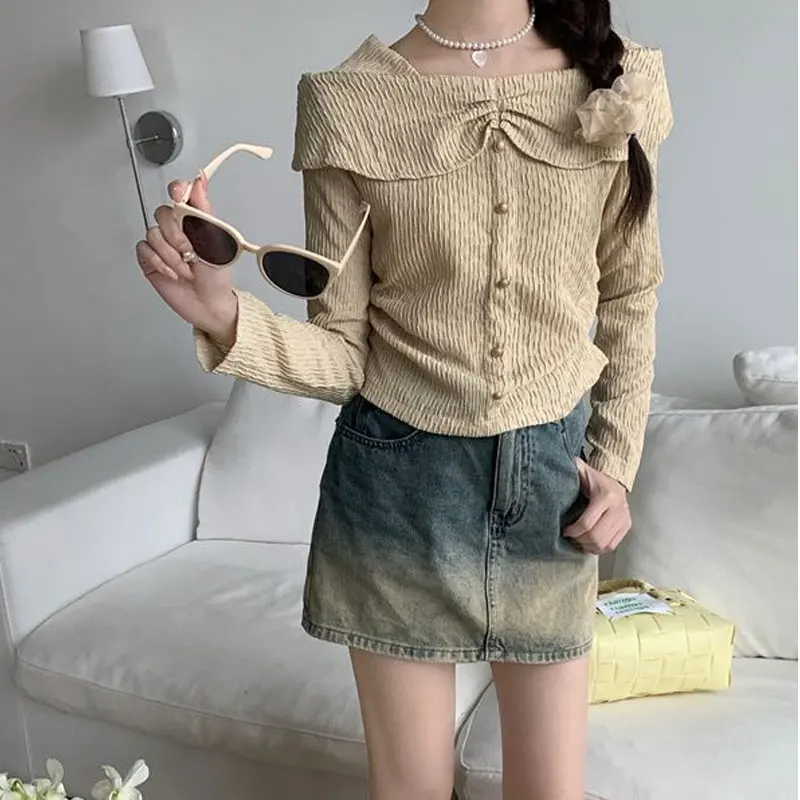 Slash Neck Elegant Gentle Knitted Shirt Female Clothing Solid Color Slim Casual Spring Autumn Fashion Folds Long Sleeve Blouse