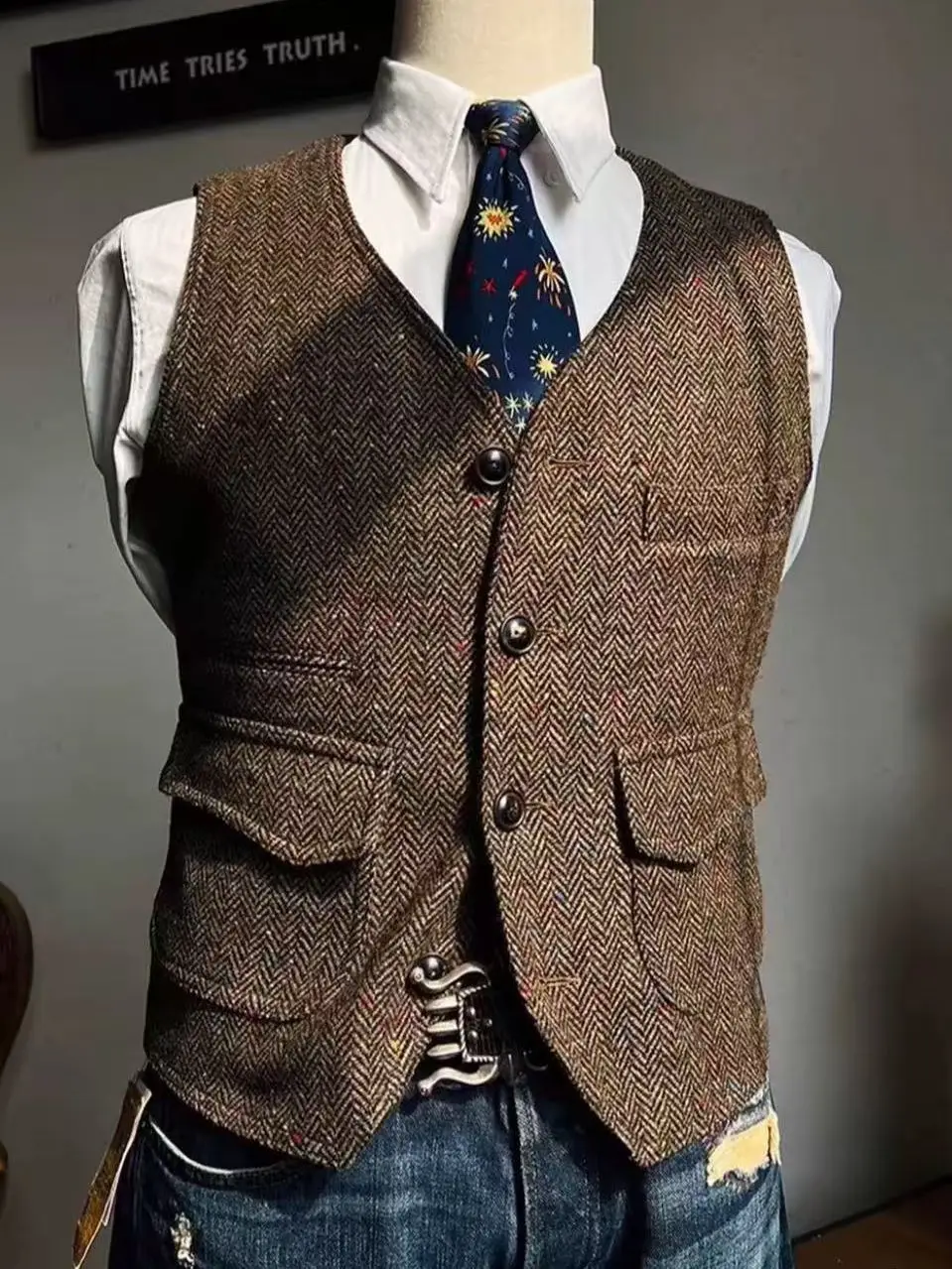 American Retro Large Size Workwear Vest Woolen Tweed Hunting Jacket V-Neck Men's  Dot Pattern Business Casual
