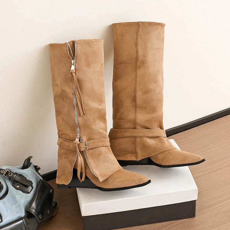 

Designer Autumn Winter Pointed Metal Buckle Knee High Women's Boots Thick High-heeled Pants Boots High Heel Mid Leg Boots