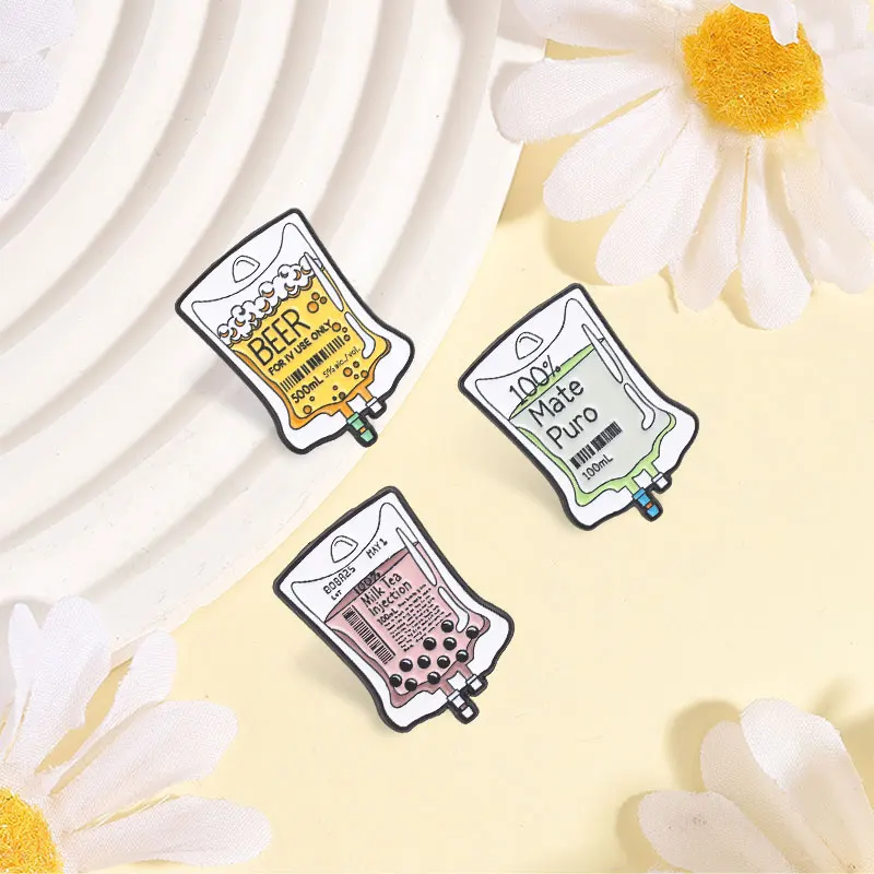 100% Mate Puro Iv Drip Drink Enamel Pin Beer Milk Tea Injection Iv Bag Medical Design Brooch Lapel Hat Badge Funny Jewelry Gifts view 2