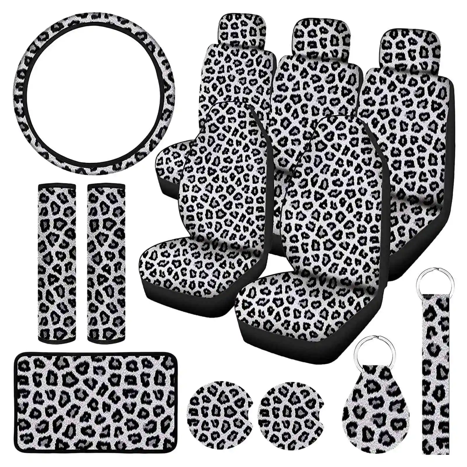 

15PCS Leopard Print Car Seat Cover Kit, Car Steering Wheel Cover, Seat Belt Pads, Car Coasters, Armrest Pad, Keychain