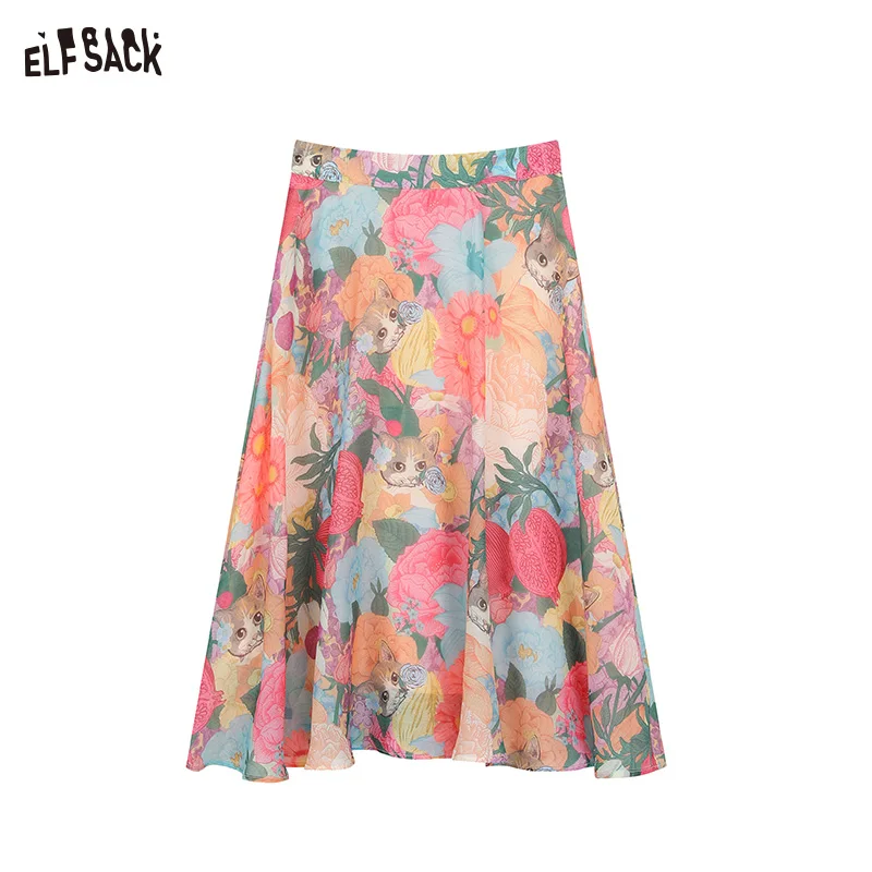 ELFSACK 2024 Summer New High waist oil painting sexy holiday style free feeling midi skirt skirt for women