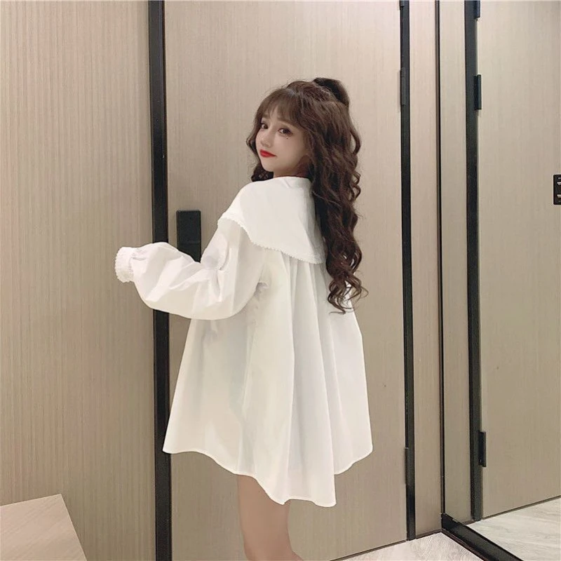 Plus Size Shirts Peter Pan Collar Solid Color Design Spring Autumn Blouses for Women Fashion Elegant Loose All Match Clothing