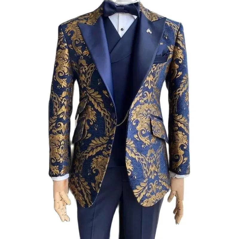 Jacquard Floral Tuxedo Suits for Men Wedding Slim Fit Navy Blue and Gold Gentleman Jacket with Vest Pant 3 Pieces Male Costume