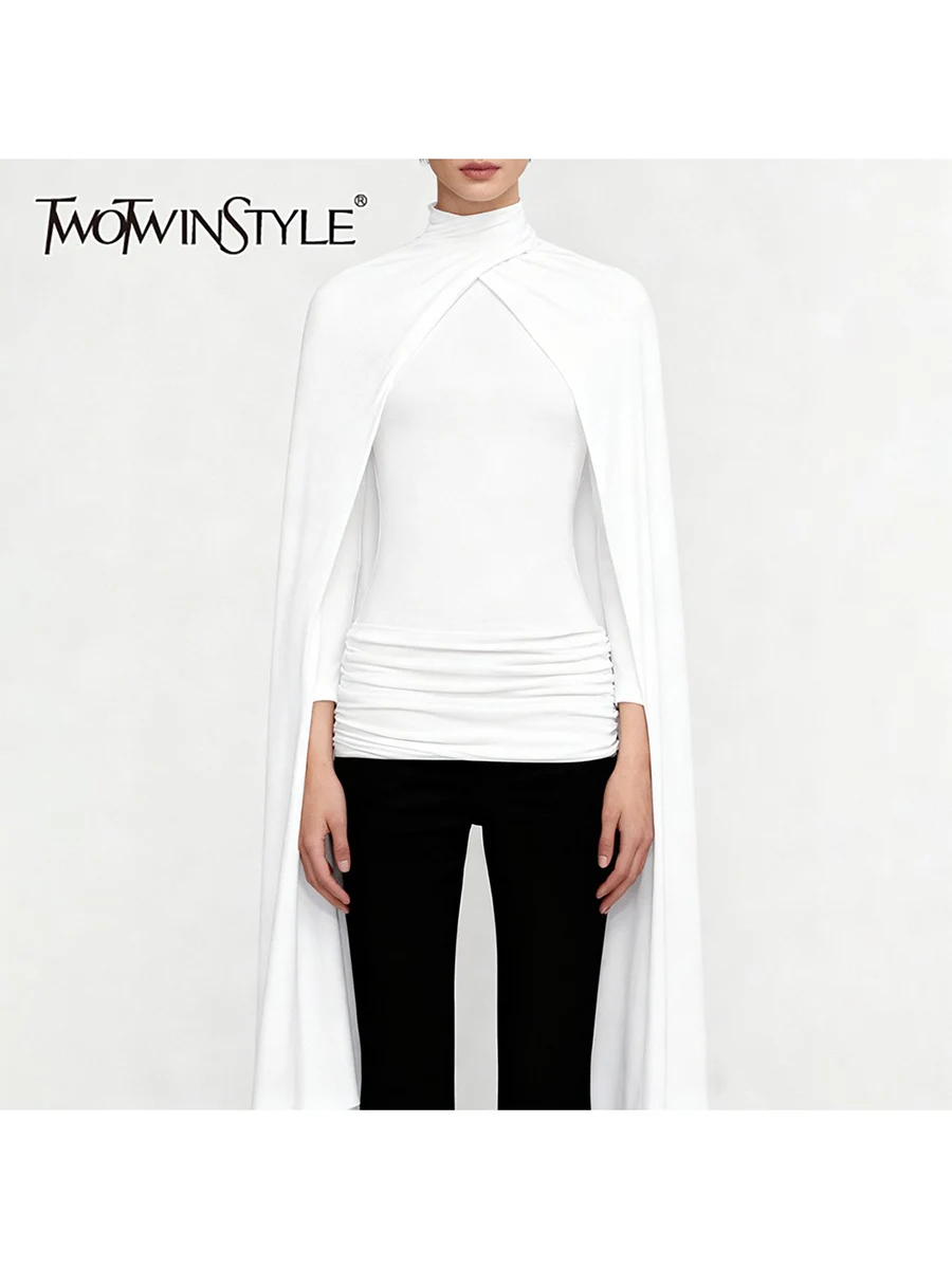 

TWOTWINSTYLE Solid Slimming Spliced Folds Fashion T Shirts for Women High Neck Long Sleeves Patchwrok Ribbons T Shirt Female New